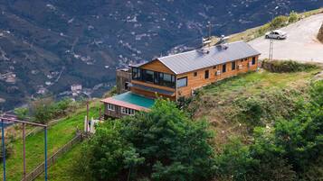 A modern wooden cabin with a green roof, situated on a hillside with a view of a valley below.