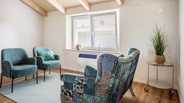 A room with a high ceiling, a window with blinds, two armchairs, a patterned armchair, a small table with a plant, and a radiator.