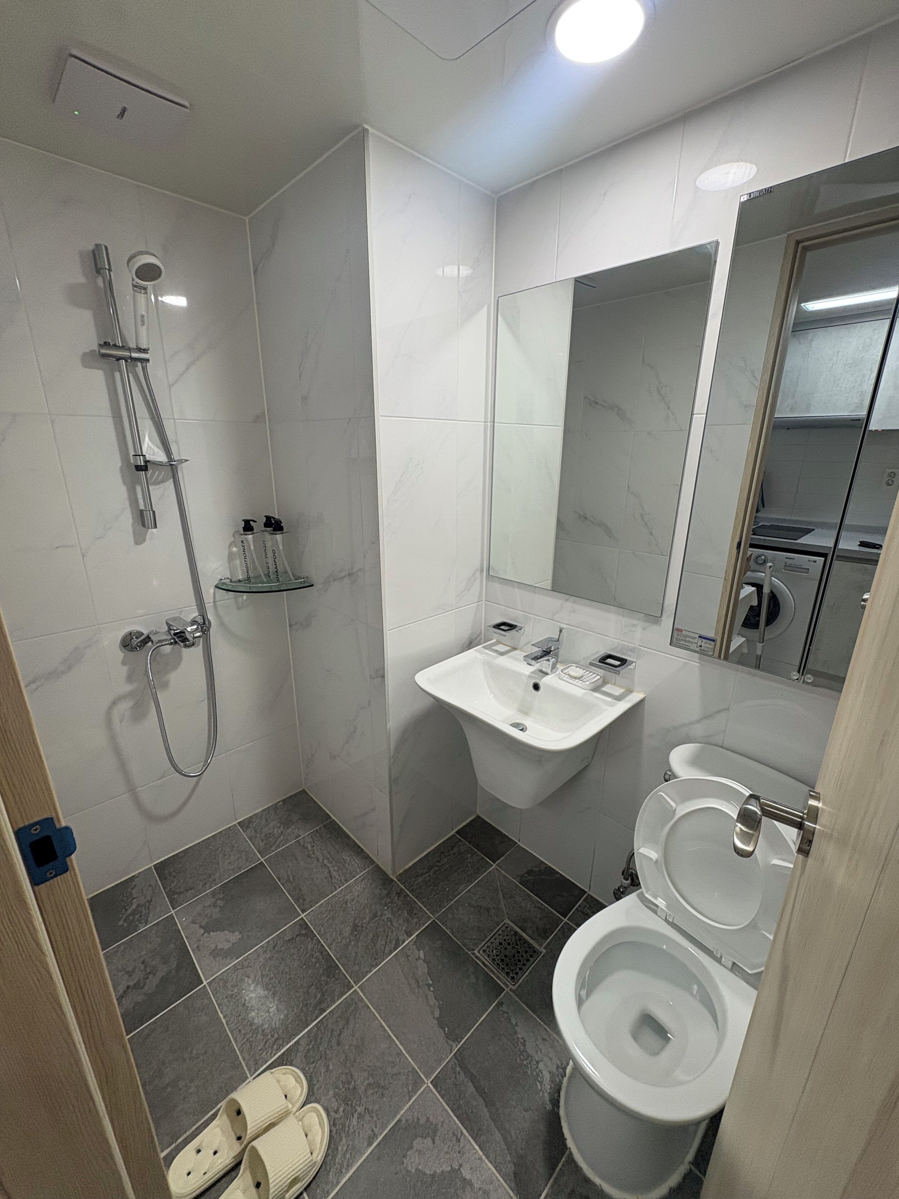 A bathroom with a shower, sink, toilet, and mirror.