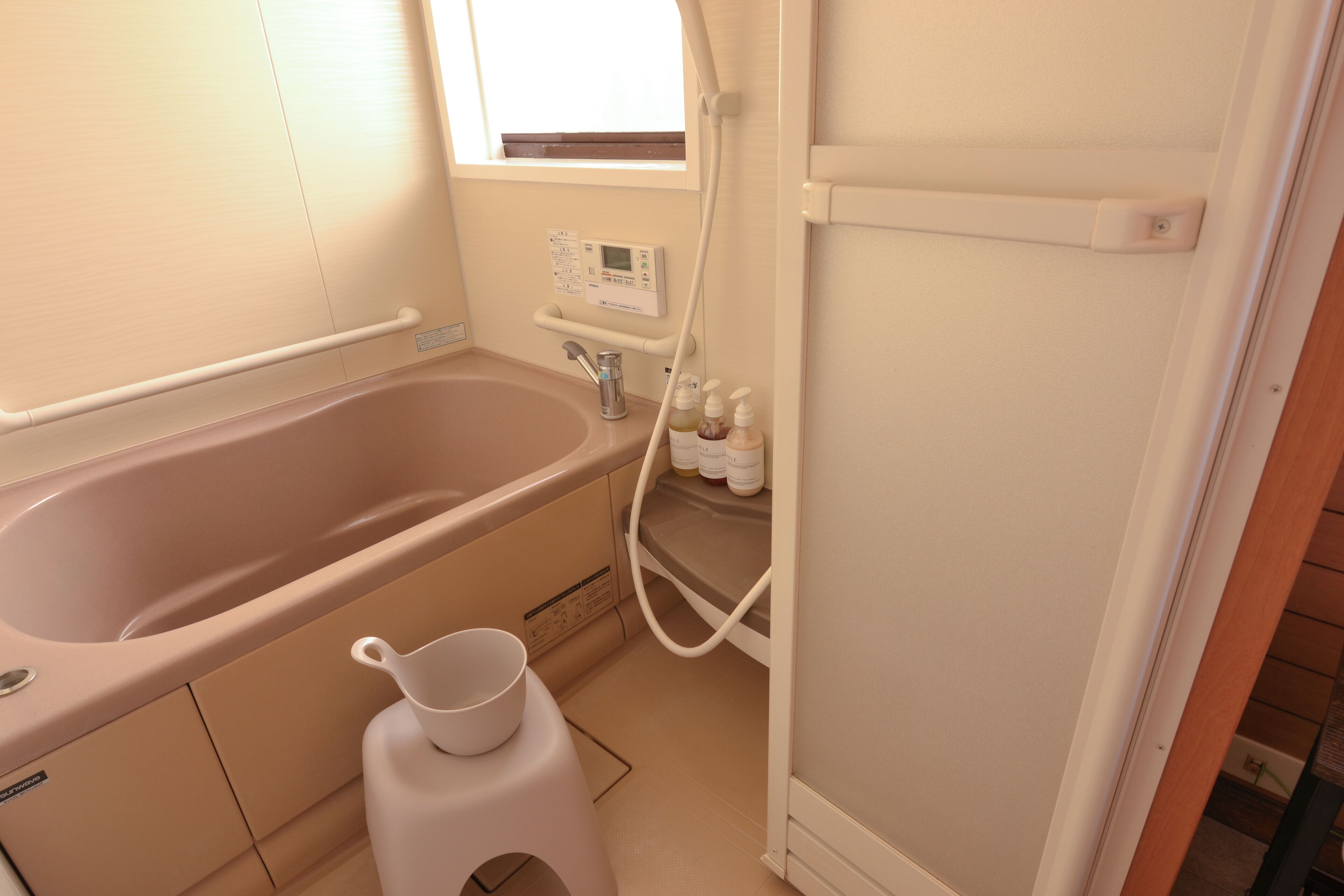Hair dryer, towels, soap, toilet paper