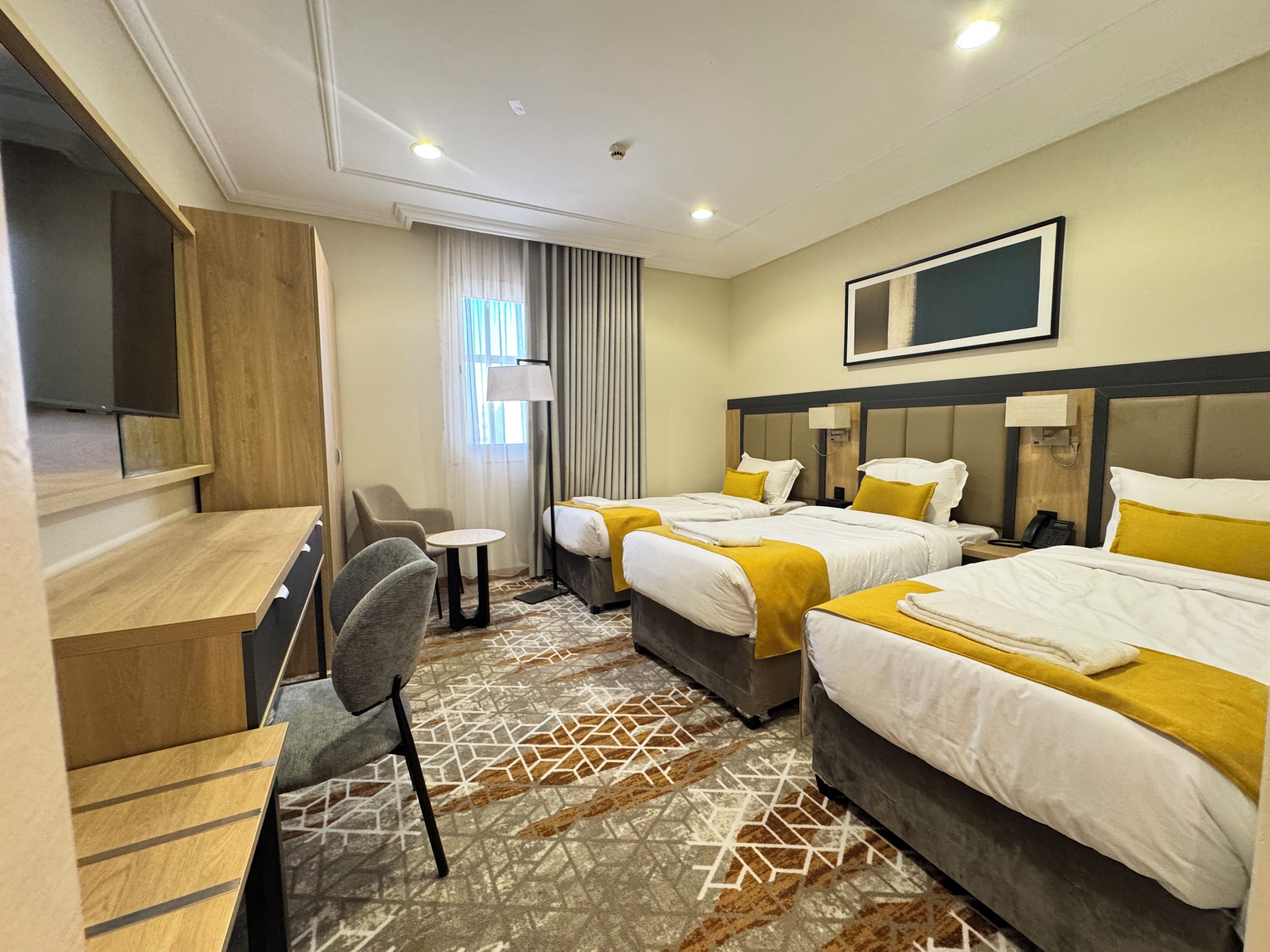 Habitación de hotel con dos camas, un escritorio, una silla, un televisor y una alfombra estampada.
