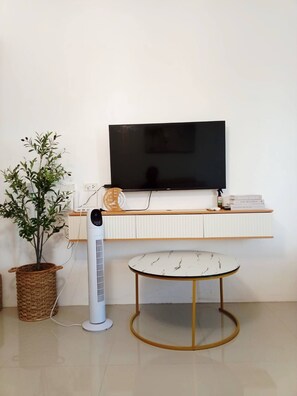 Ein Zimmer mit Flachbildfernseher, einem kleinen Tisch, einer Topfpflanze und einem Standventilator.