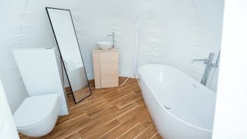 Bathtub, hair dryer, towels, toilet paper