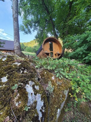 Eine Holzhütte, eingebettet in einen Wald, umgeben von üppigem Grün und einem moosbewachsenen Felsen.