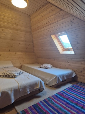 Une cabine avec deux lits, un puits de lumière et un tapis aux couleurs vives.