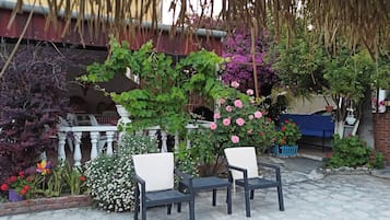 Un espacio al aire libre con dos sillas, una pérgola y diversas plantas.