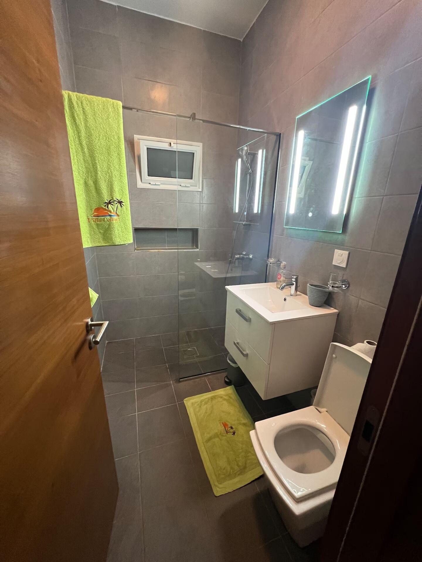 Shower, bidet, towels, soap