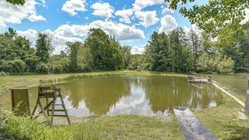 A tranquil pond with a wooden bench and a ladder, surrounded by lush greenery and trees.