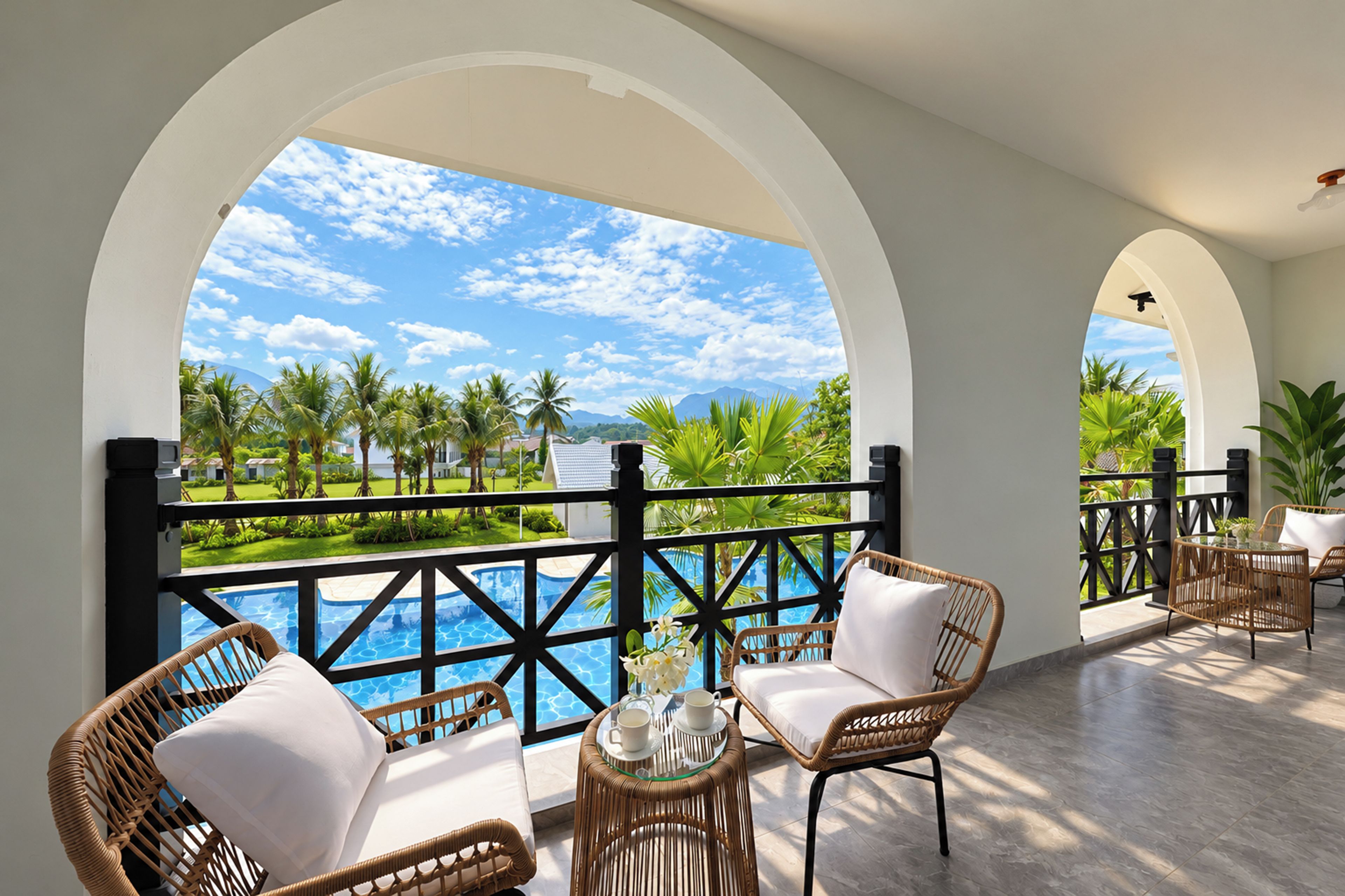 A balcony with wicker furniture, a glass table, and a view of a swimming pool and tropical landscape.