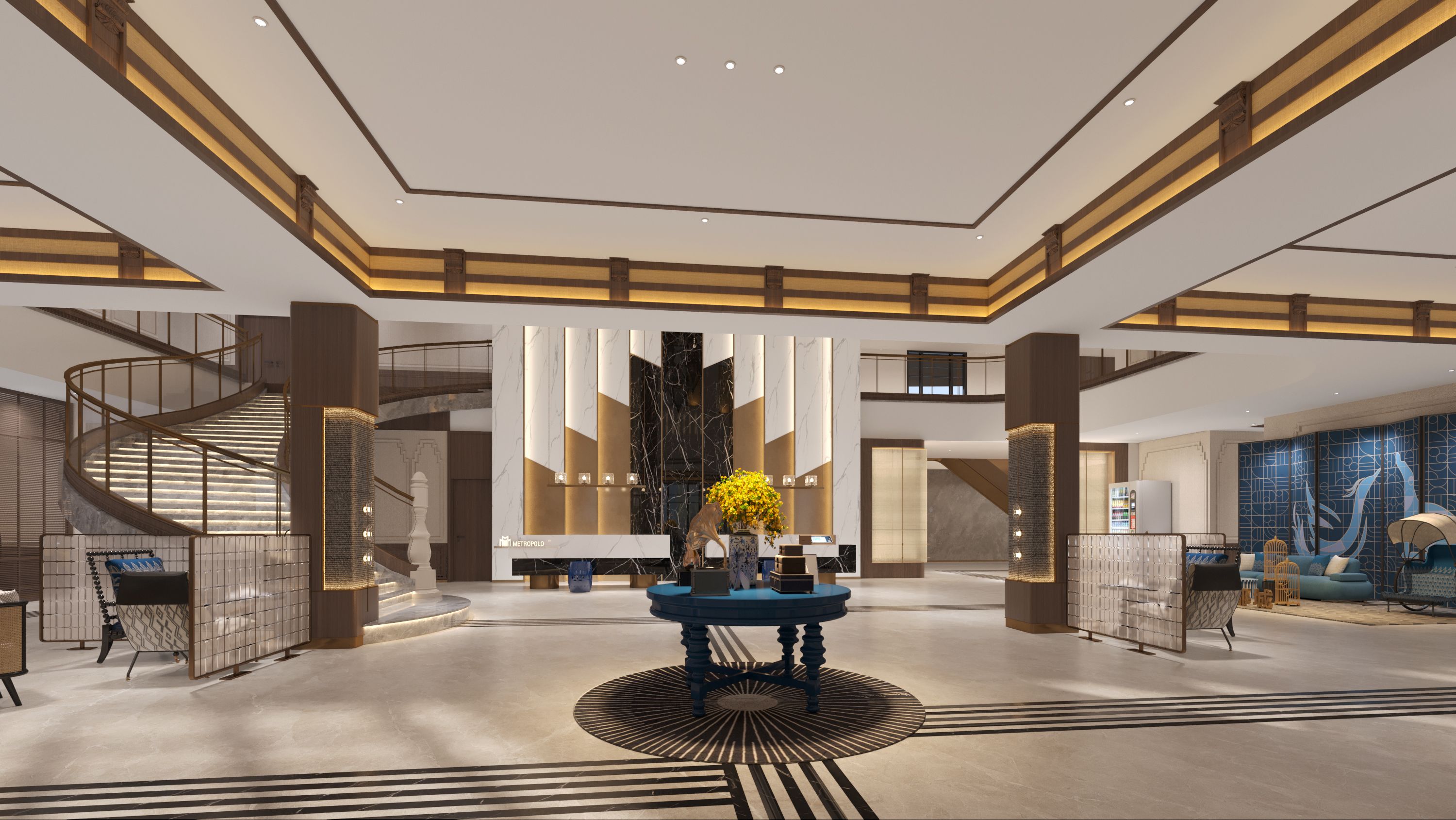 A spacious lobby with a central round table, a staircase, and a large wall with vertical panels.