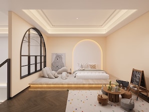 Ein gemütliches Schlafzimmer mit einem großen Fenster, einem Bett mit einem sternenmuster-Kissen und einer Tafel, auf der 'Welcome to the Wild' steht.