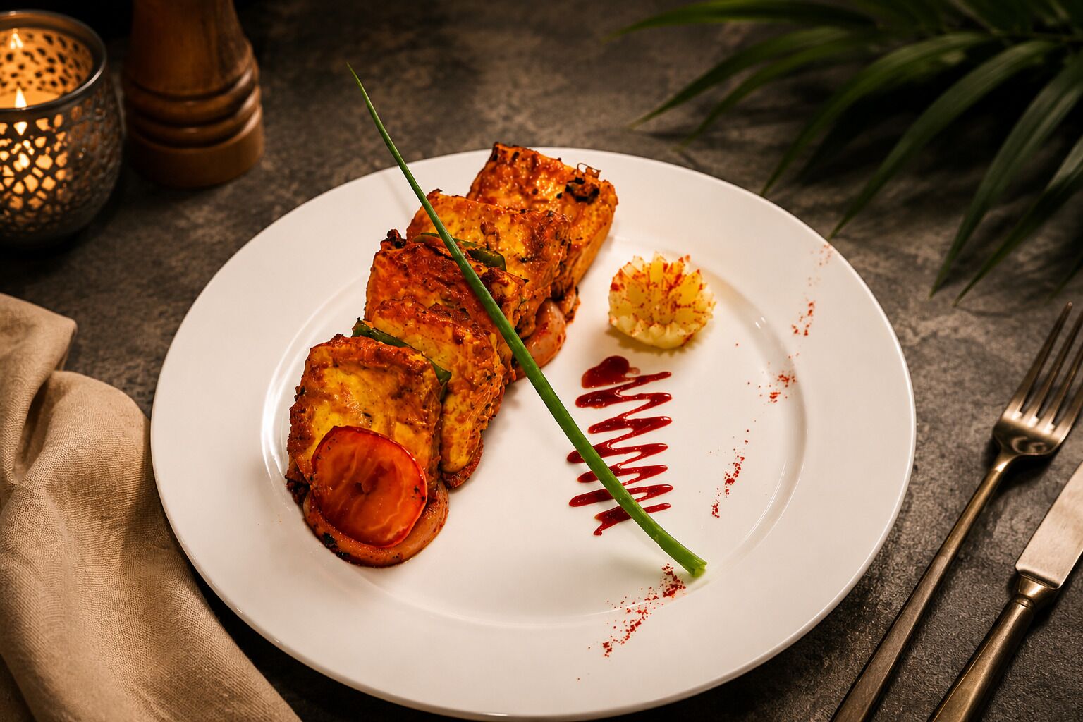 A plate with grilled chicken, a slice of tomato, and a decorative garnish on a dark surface.