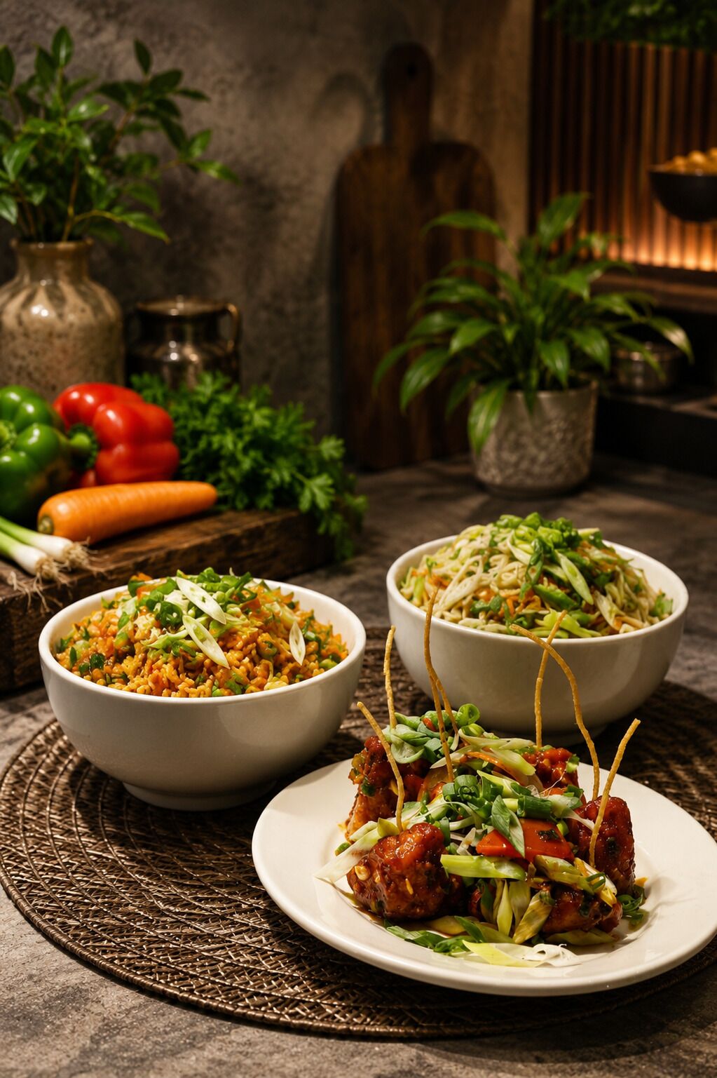 Una mesa con tres cuencos de comida, un plato con un guiso de carne y diversos vegetales y hierbas al fondo.