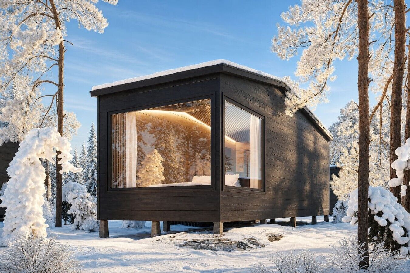 Una cabaña moderna de madera con un amplio ventanal, rodeada de árboles cubiertos de nieve.