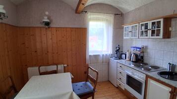 Coffee/tea maker, fridge, oven, stovetop