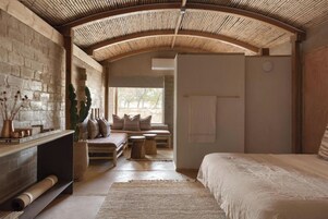 A room with a curved ceiling, a bed, a seating area with cushions, a fireplace, and a view through an open door.