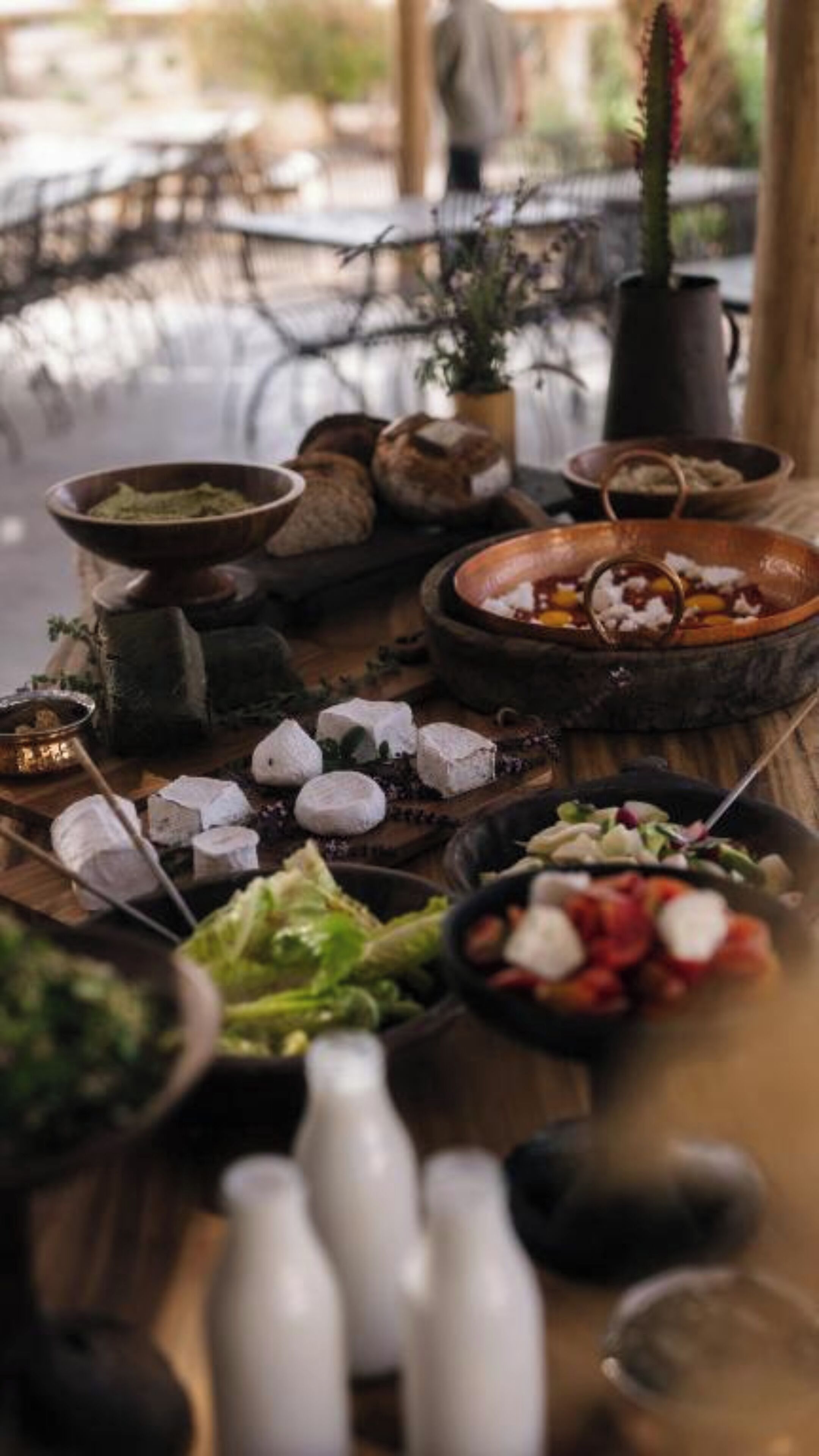 A rustic dining table with various dishes, including cheese, bread, and a salad.