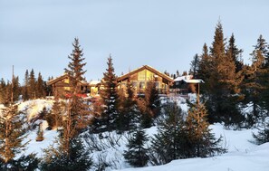 Eine Holzblockhütte mit einer Terrasse, umgeben von Schnee und Bäumen.