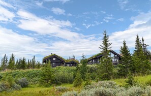 A cabin with a sloped roof, surrounded by dense forest and under a partly cloudy sky. - Nice home in Tretten with sauna (Tretten)