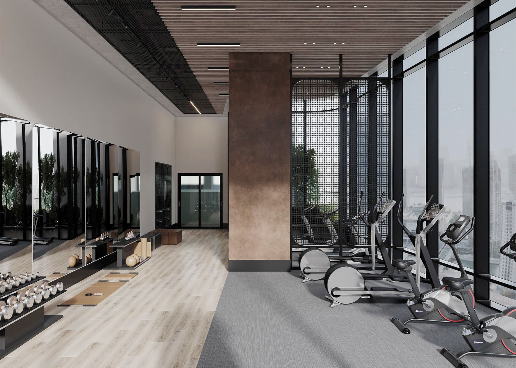 A modern gym with exercise equipment, large windows, and a city view.