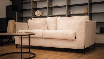 A modern living room with a sofa, a coffee table, and a bookshelf.