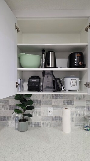 Una cocina con una encimera, una planta en maceta, un rollo de toallas de papel y una cafetera.