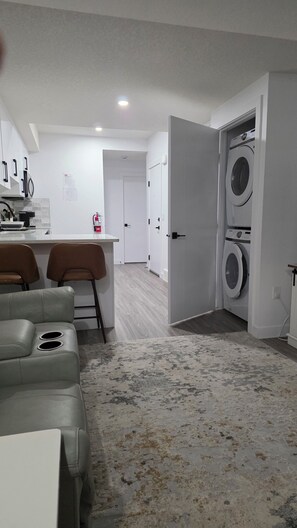 Eine moderne Küche mit Essbereich, einer Waschmaschine und einem Sofa.