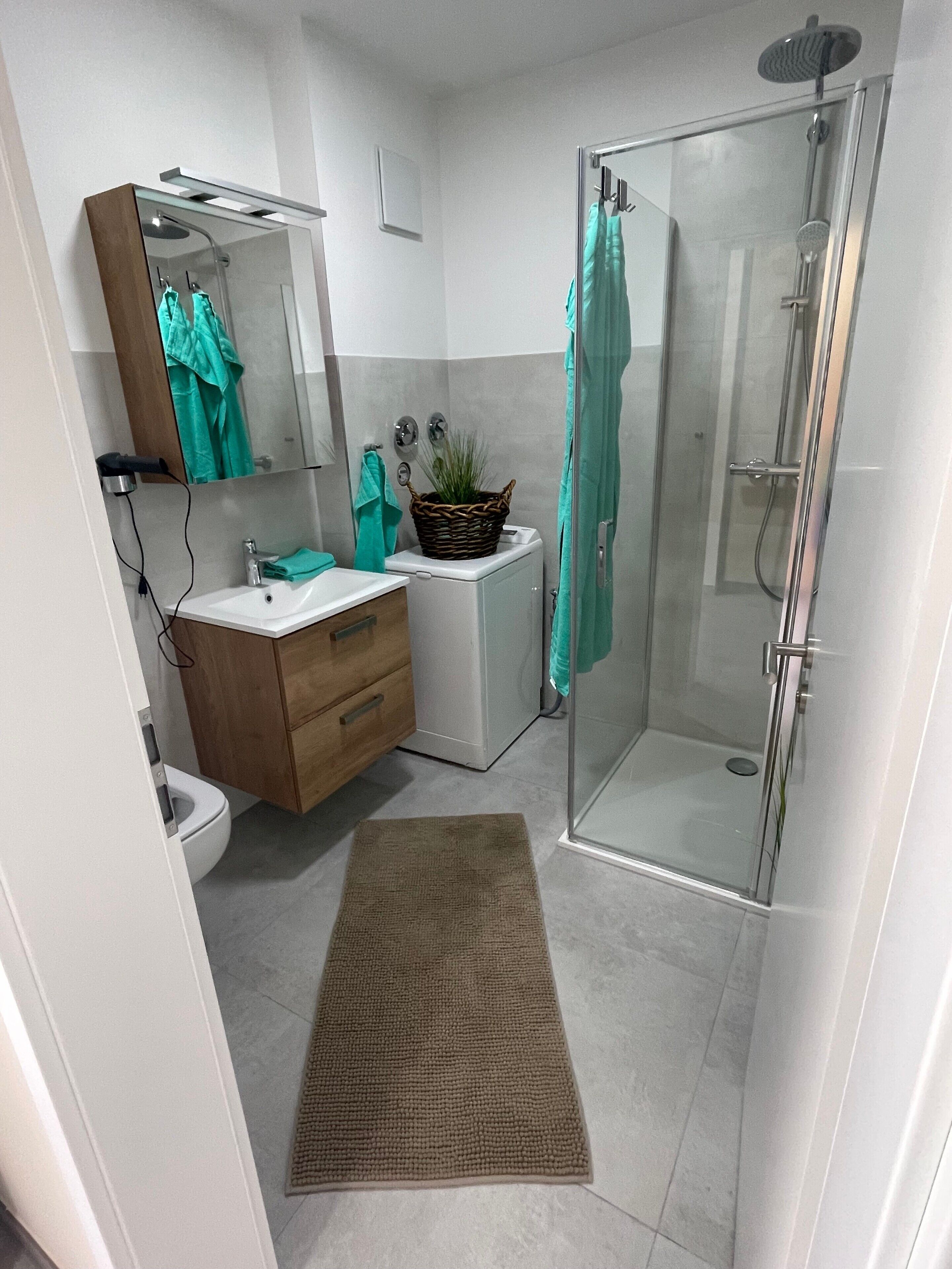 A modern bathroom with a glass shower enclosure, a white sink, a wooden vanity, and a small potted plant.