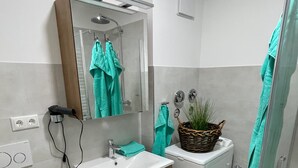 A modern bathroom with a toilet, sink, mirror, and shower. - Studio Apartment 'Lucas' Neudietendorf with Wi-Fi (Nesse-Apfelstädt)