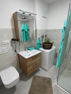 Shower, hair dryer, towels