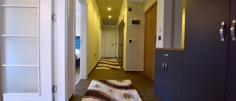 Un pasillo con un rug adornado, una puerta a la izquierda y un armario a la derecha.
