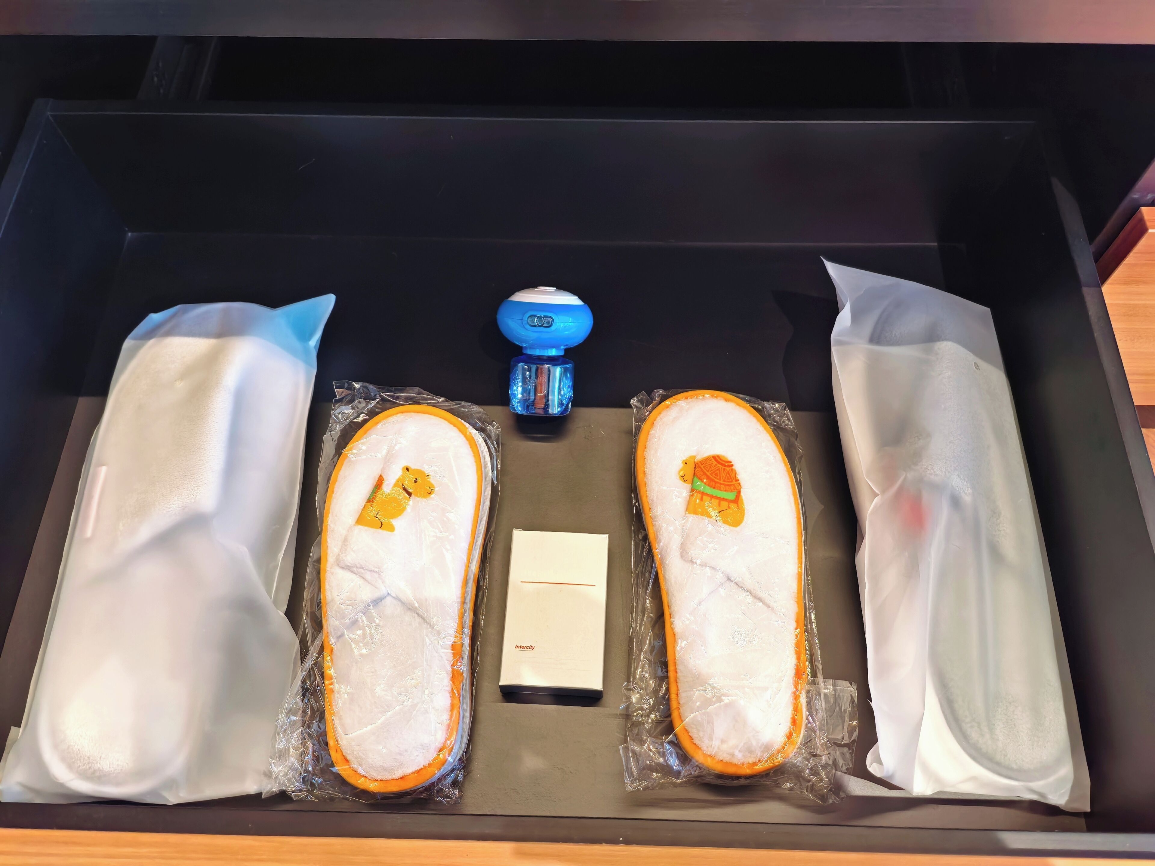 A drawer with two pairs of slippers, a small blue object, and a white box.