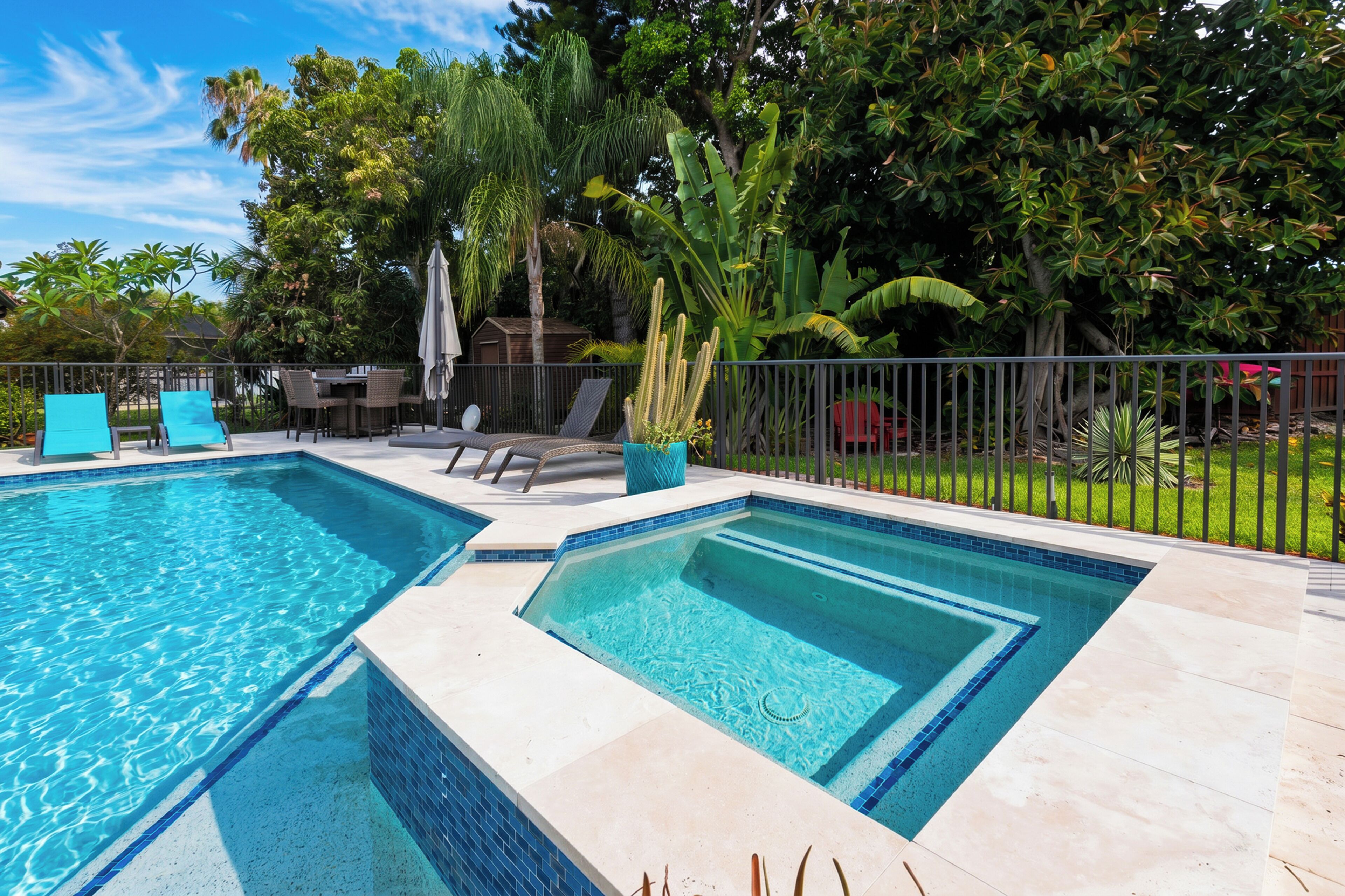 A rectangular swimming pool with a tiled edge, surrounded by a fence and lush greenery.
