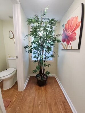 Ein Flur mit einer Bambuspflanze im schwarzen Topf, einer Toilette und einem Blumenbild an der Wand.
