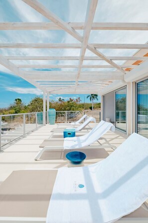 A sun deck with lounge chairs and a blue bowl, overlooking a landscape with palm trees. - New sea view Villa w/ private Pool and Jacuzzi - Sxm
Villa Noé (St Martin)