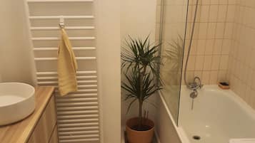 Hair dryer, towels, toilet paper