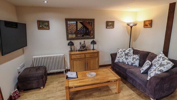 A living room with a sofa, a coffee table, a TV, a radiator, a wooden cabinet, and a mirror.
