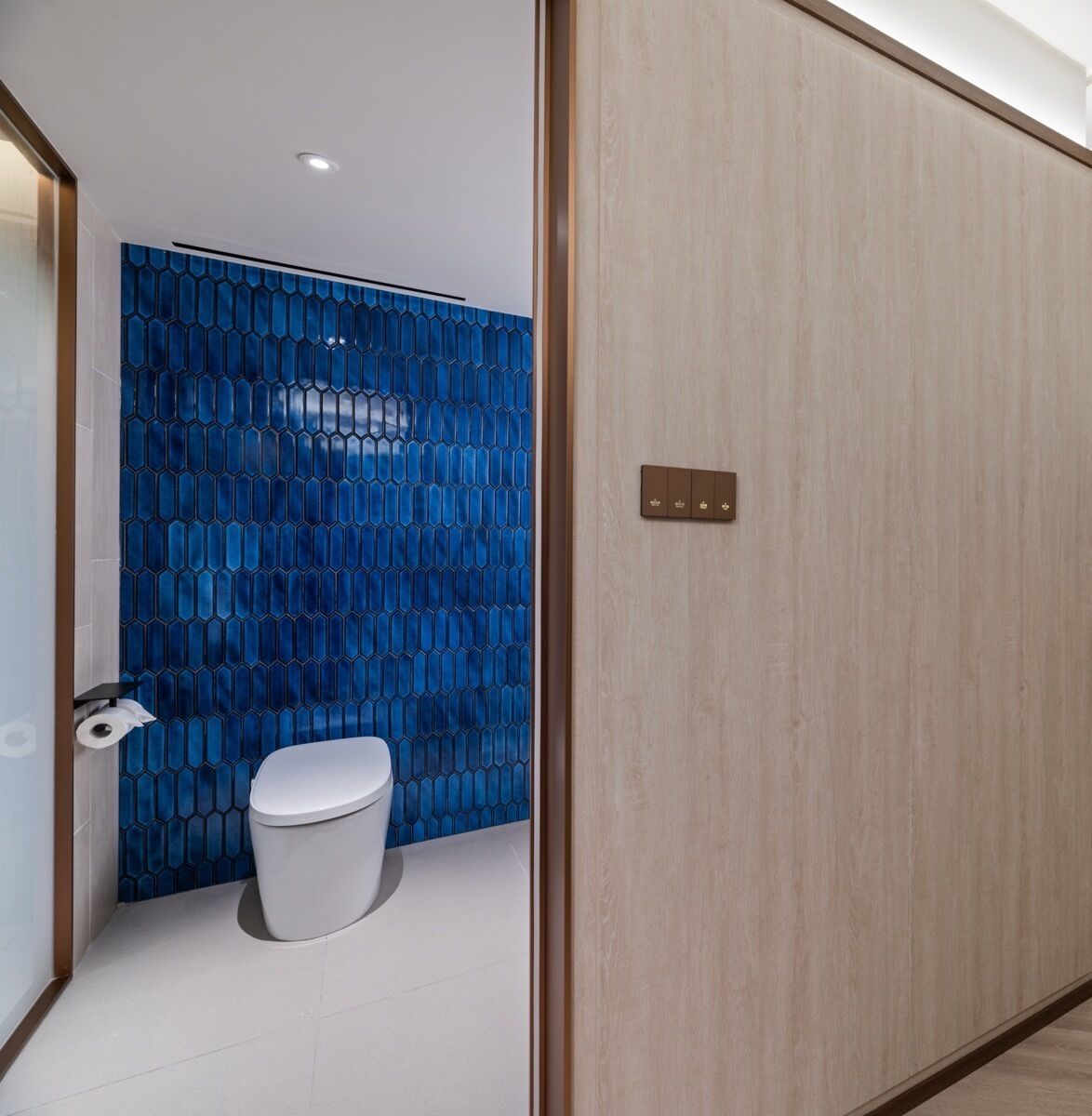 Un baño moderno con inodoro, pared de un diseño azulado y puerta de madera.