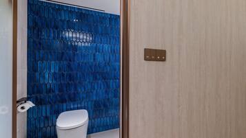 Un baño moderno con inodoro, pared de un diseño azulado y puerta de madera.