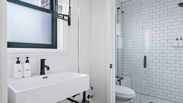 Shower, hair dryer, towels