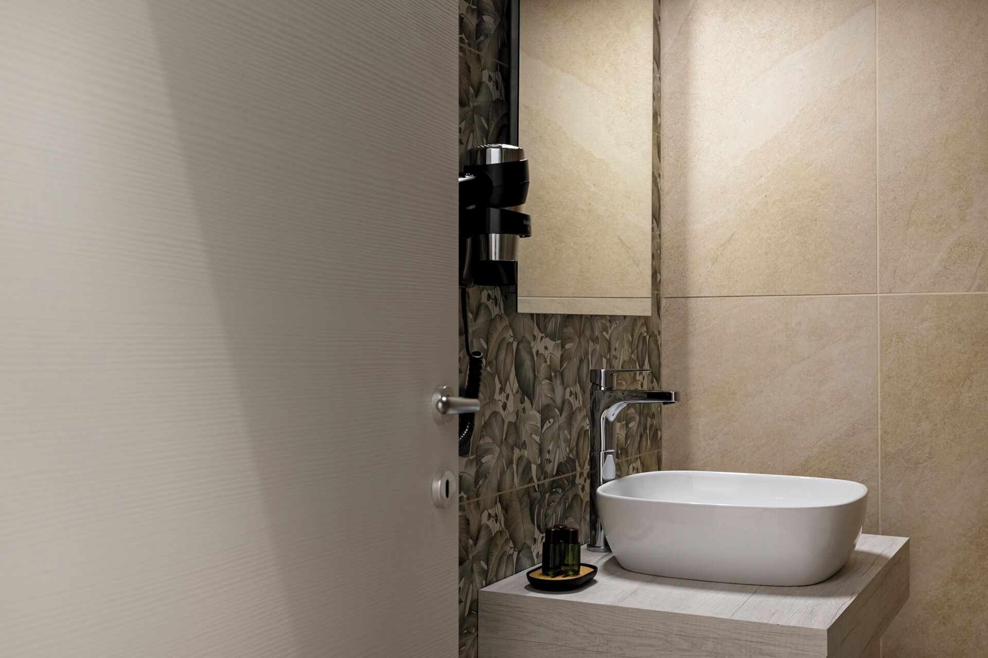 A bathroom with a white sink, a mirror, and a towel rack.