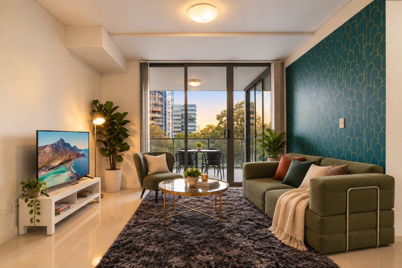 A modern living room with a sofa, a coffee table, and a TV on a stand. There are plants and a view of the outdoors through large windows.