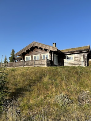 Une cabane en rondins avec un toit en pente, un revêtement extérieur en bois et une cheminée.