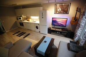 Ein kompakter Wohnbereich mit Küchenzeile, Flachbildfernseher, Gitarre und Sofa.