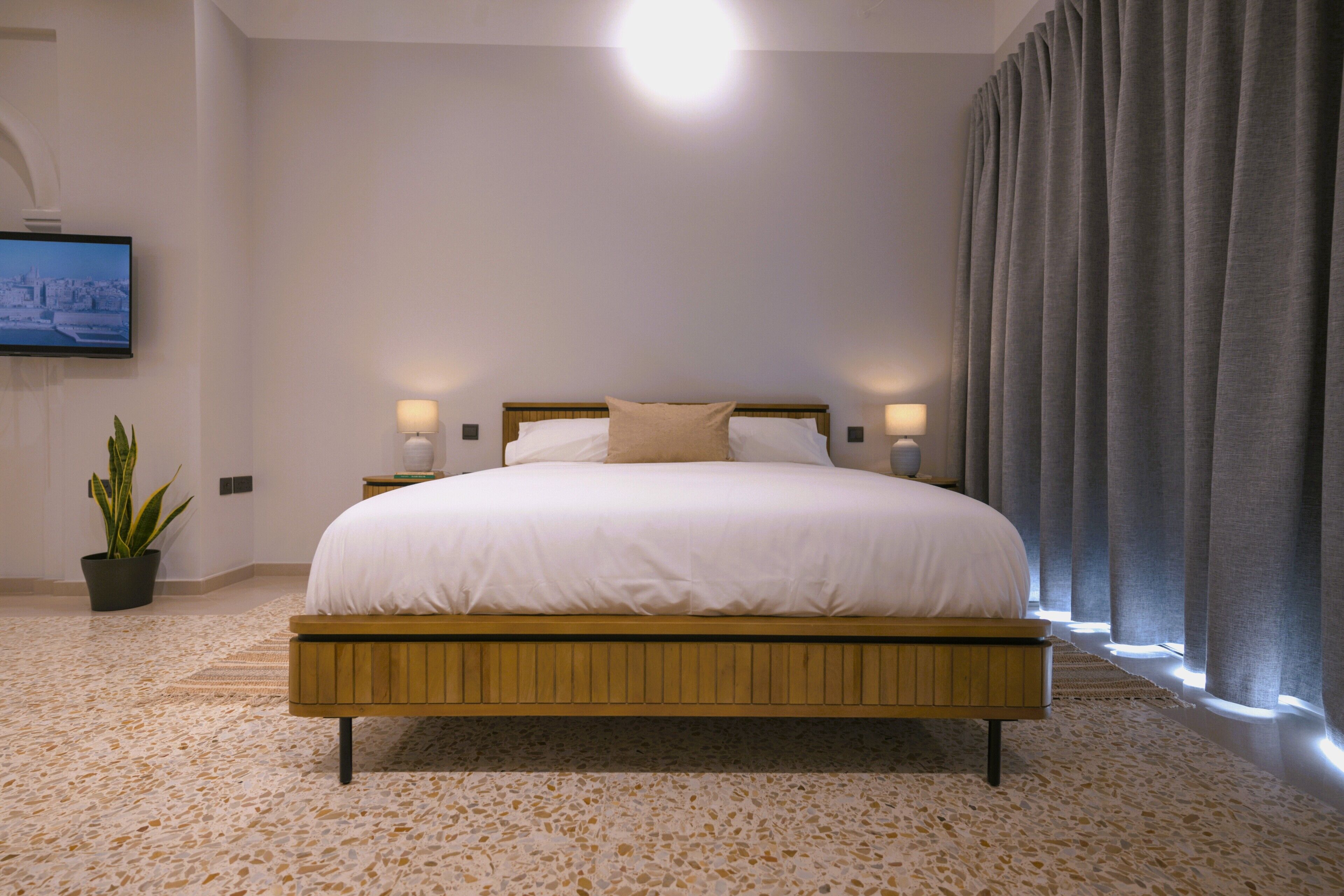 Une chambre d’hôtel avec un grand lit, un téléviseur fixé au mur, une plante en pot et une fenêtre avec des rideaux.