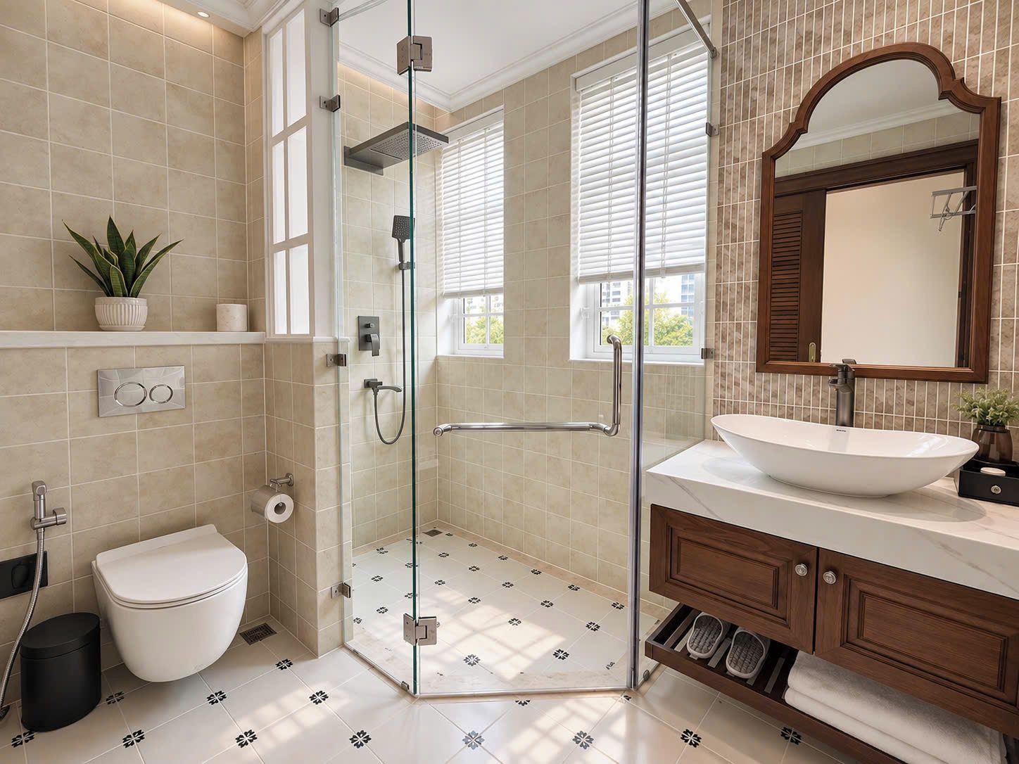 Un baño moderno con ducha envuelta en vidrio, lavamanos blanco y tocador de madera.