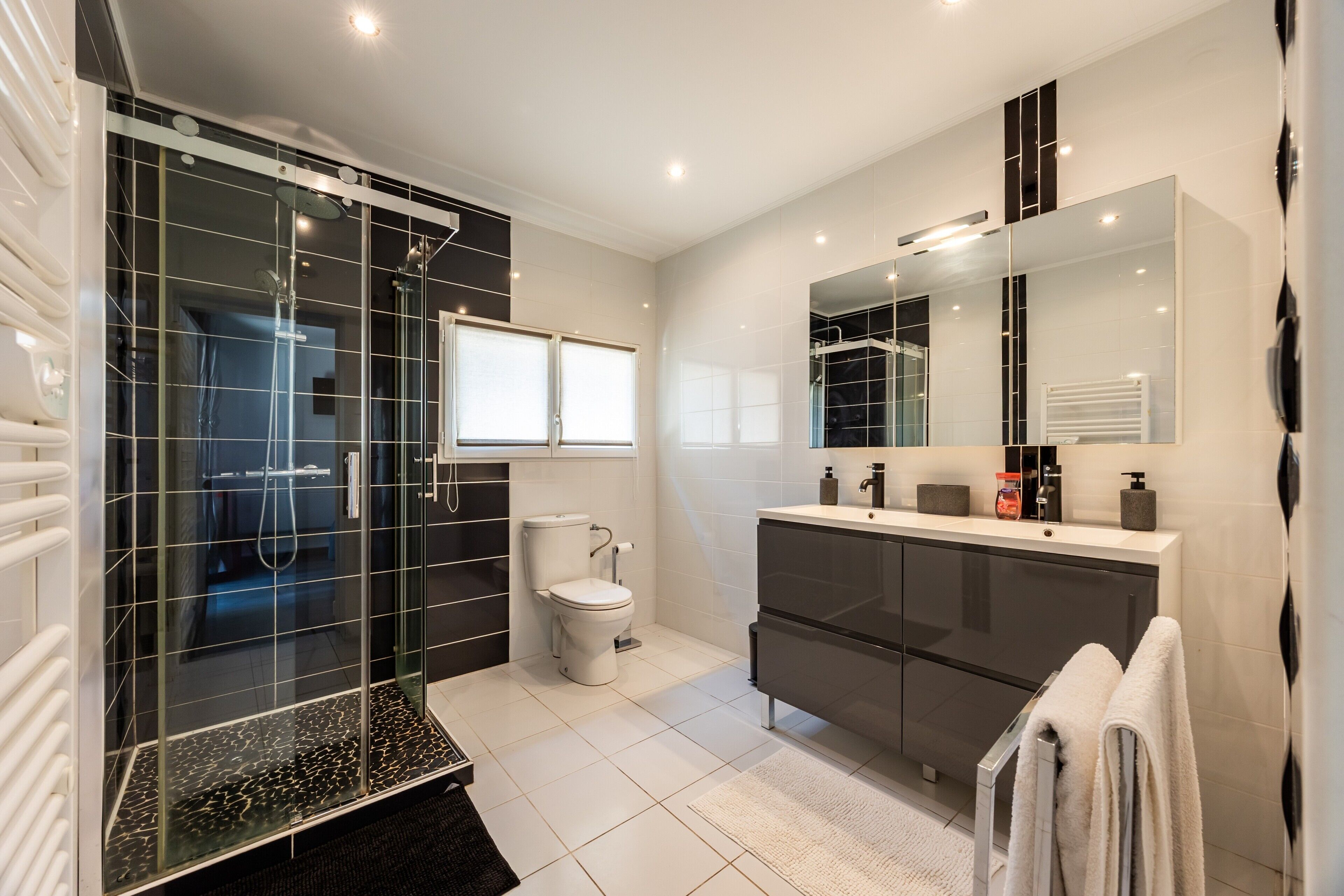 A modern bathroom with a glass-enclosed shower, a toilet, a vanity with a mirror, and a towel rack.