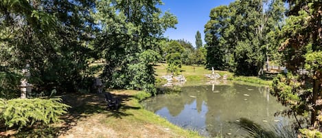 Un parc paisible avec un étang, des arbres et une statue.