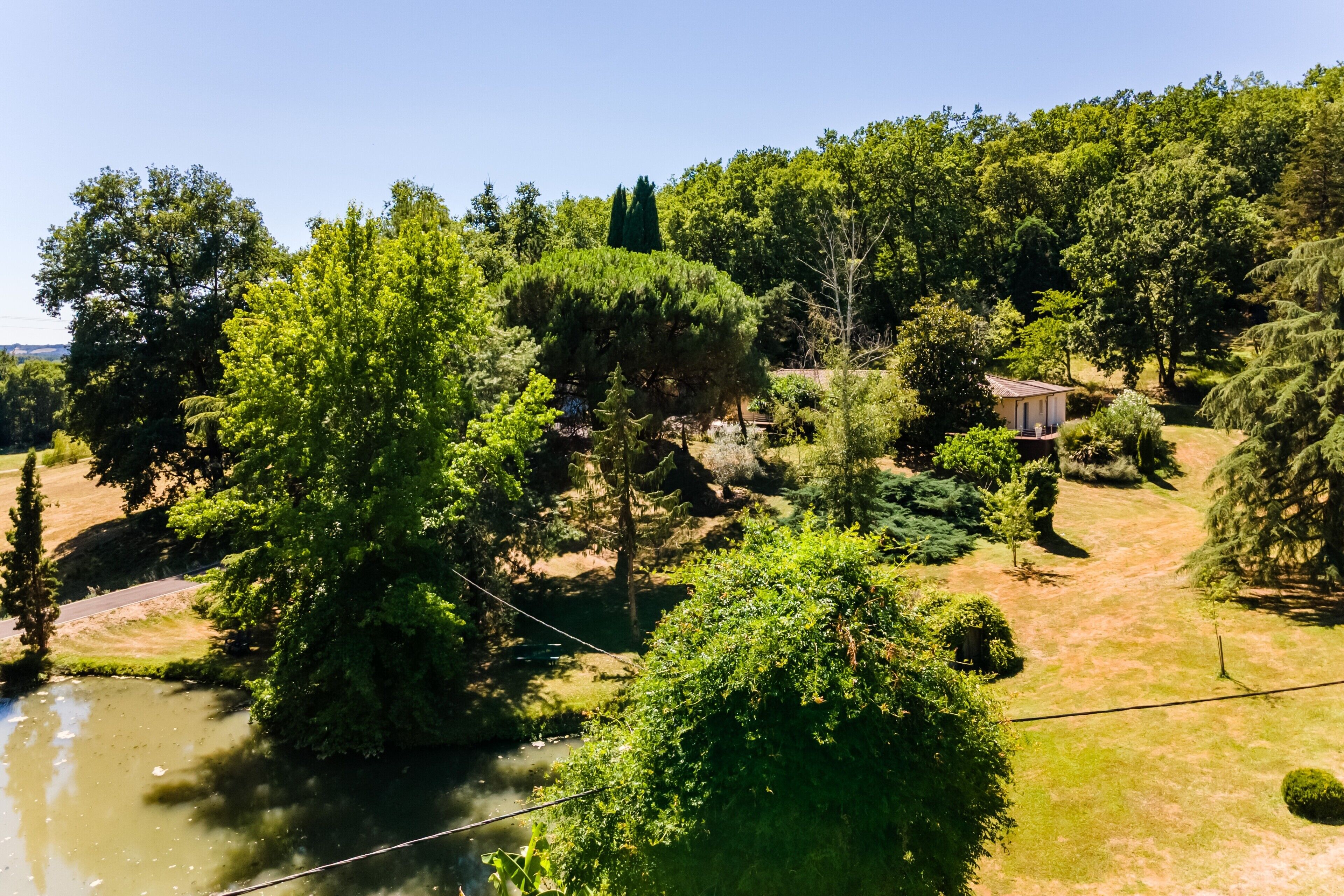 A riverside property with a small building, lush greenery, and a clear sky.
