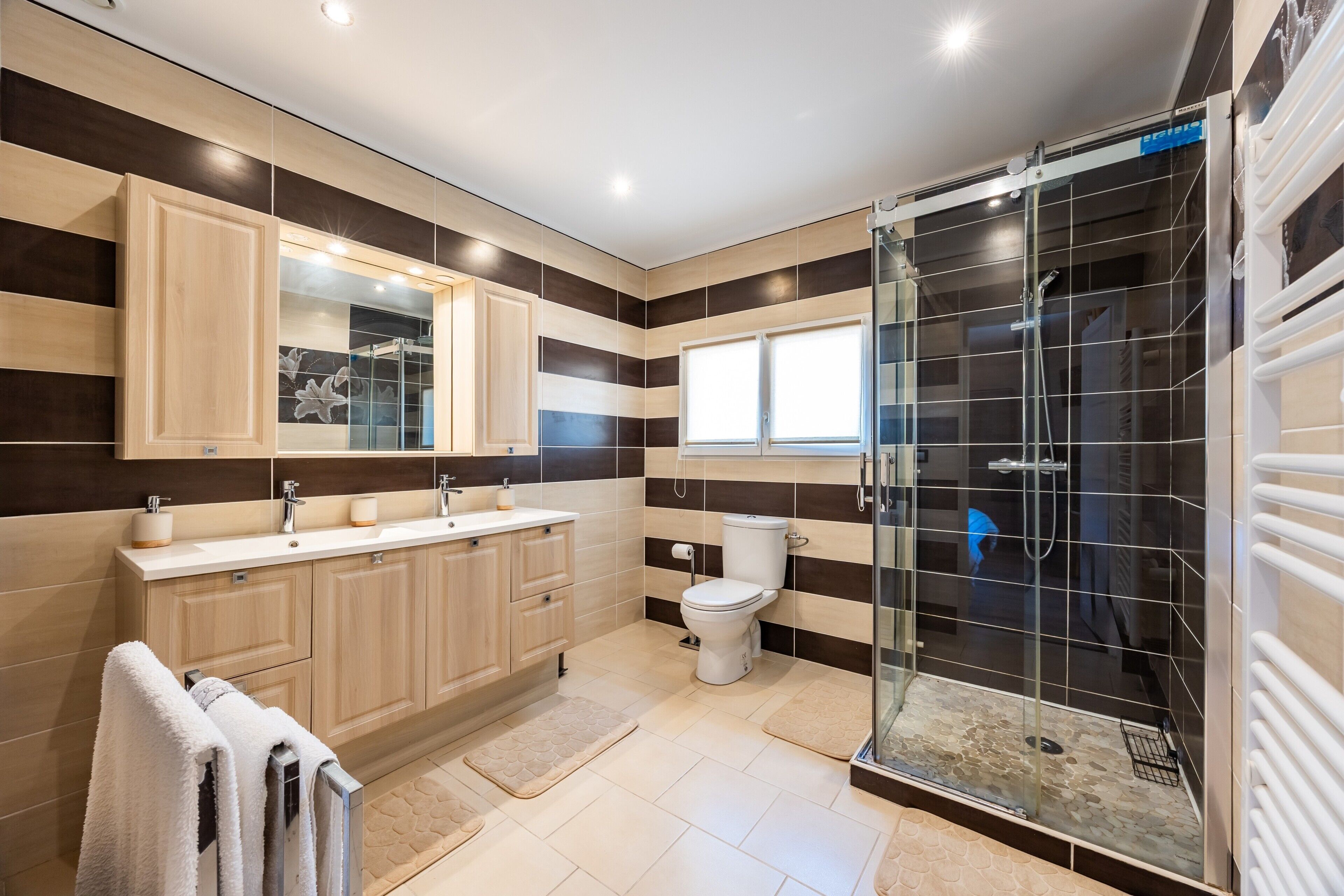 A modern bathroom with a glass-enclosed shower, a toilet, and a vanity with a mirror.